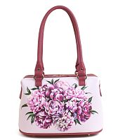 сумка саквояж пионы, саквояж из кожи с росписью пионы, сумка кожаная с рисунком пион, сумка женская ручной работы пион