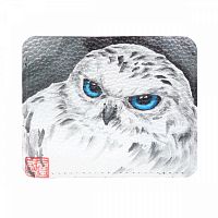 Холдер из кожи для карт и купюр с принтом "Белая сова" — кожаный женский конверт для карт, холдер ручной работы с рисунком и фото-принтом