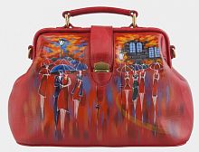 Женская сумка-саквояж из кожи с рисунком "Дождливый город" ручной работы с рисунком и вышивкой на заказ
