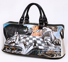 Дорожный саквояж из кожи с рисунком ручной работы "Кот Бегемот" — классический дорожный кожаный саквояж ручной работы с рисунком и вышивкой на заказ
