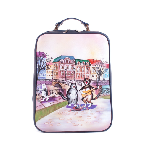 Кожаная сумка рюкзак "Коты артисты" ручной работы с рисунком и вышивкой на заказ
 фото 2