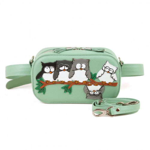 Женская кожаная сумка на плечо и на пояс с аппликацией "Совушки" — кросс боди с принтом на заказ
