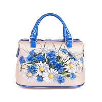 Кожаный саквояж ручной работы "Ромашки и васильки" ручной работы с рисунком и вышивкой на заказ
