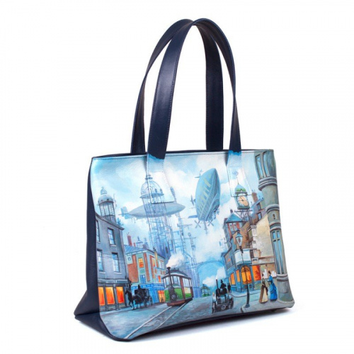 Женский кожаный шоппер с росписью "Машина времени" - кожаная и замшевая женская сумка шоппер ручной работы с рисунком и вышивкой на заказ фото 3