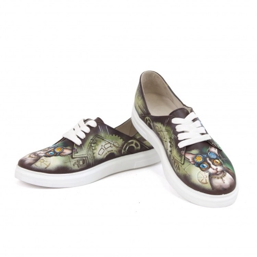 Красивые женские кеды "Кот механик" - кожаные женские кеды и слипоны ручной работы с рисунком на заказ | Sumnizza