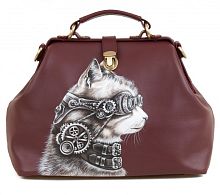 сумка саквояж стимпанк котэ, дамский саквояж из кожи с рисунком стимпанк кота, сумка кожаная с росписью кота стимпанк, сумка саквояж женская ручной работы, рисунок стимпанк котэ, дизайнерская сумка стимпанк котэ, авторский саквояж, стильная сумочка с принтом, необычная сумка саквояж