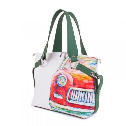 Кожаная сумка шоппер с авторским рисунком "Старое авто" - кожаная и замшевая женская сумка шоппер ручной работы с рисунком и вышивкой на заказ фото 2