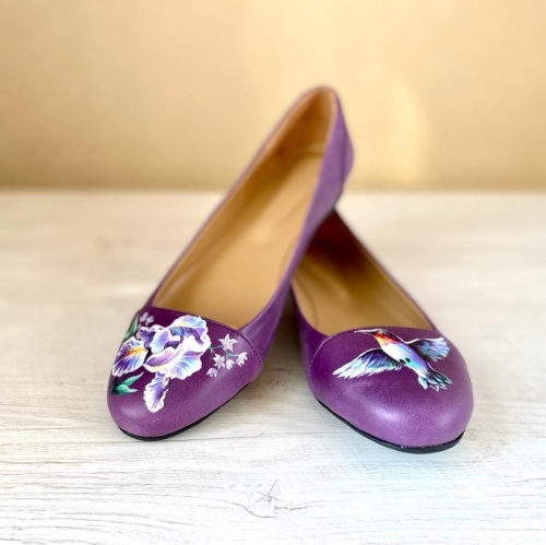 Цветные балетки "Ирис и колибри" - кожаные женские балетки ручной работы с рисунком на заказ |  Sumnizza