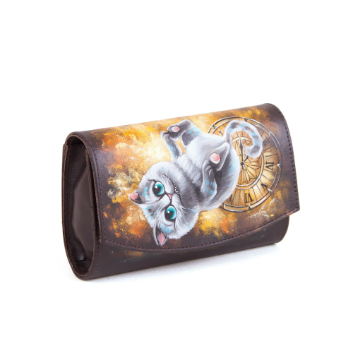 Женский кожаный кошелек на молнии с рисунком "Чешир с часами" - кожаный женский кошелек-портмоне ручной работы с рисунком на заказ |  Sumnizza фото 3