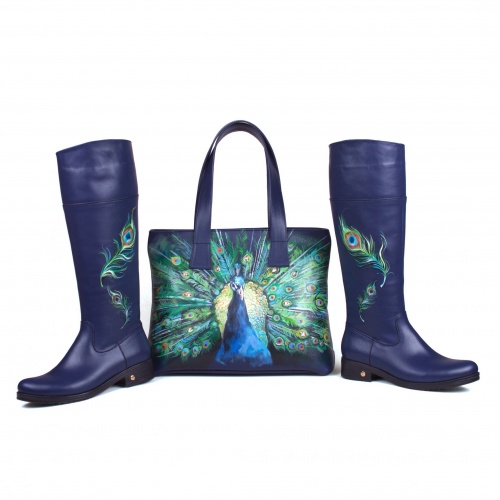 Комплект кожаные сапоги и шоппер "Павлин Swarovski" - кожаный женский набор рюкзак и ботинки ручной работы с рисунком |  Sumnizza фото 6