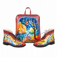 Комплект рюкзак и ботинки "Золотая осень" — женский кожаный набор туфли и сумка ручной работы с рисунком
