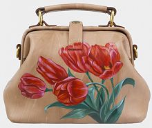 Женская кожаная сумка-саквояж ручной работы с росписью "Тюльпаны" ручной работы с рисунком и вышивкой на заказ
