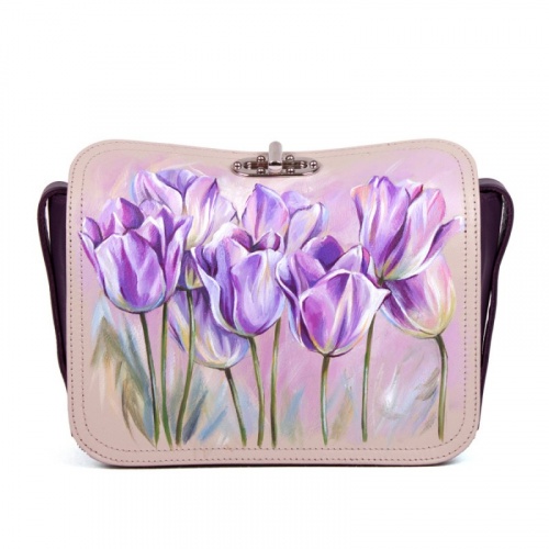 Женская кожаная сумка с рисунком ручной работы "Тюльпаны" — кросс боди с принтом на заказ