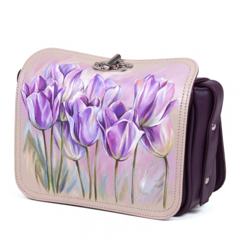 Женская кожаная сумка с рисунком ручной работы "Тюльпаны" — кросс боди с принтом на заказ фото 2