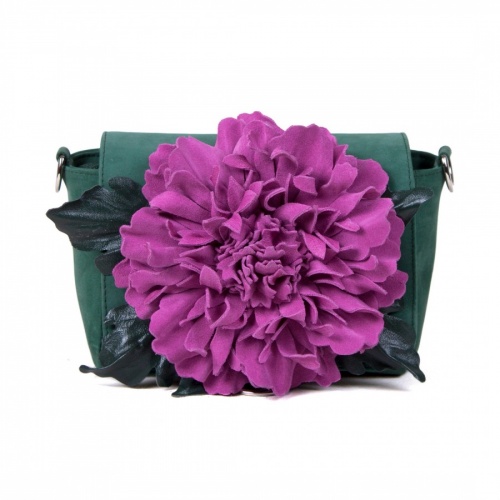 Женский замшевый клатч с цветком-аппликацией "Яркий пион" на заказ - женская кожаная сумка ручной работы с авторским рисунком