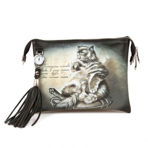 Клатч женский через плечо с рисунком "Кот Бегемот" на заказ - женская кожаная сумка ручной работы с авторским рисунком