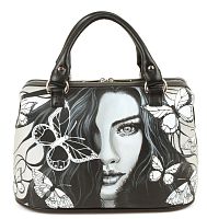 Женский кожаный саквояж с рисунком "Девушка в бабочках" ручной работы с рисунком и вышивкой на заказ
