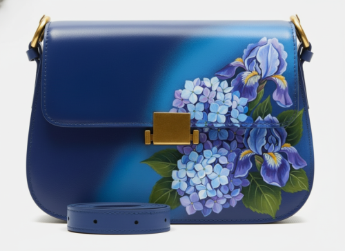 Полукруглая сумочка кросс боди с золотистой фурнитурой и росписью гортензий и ирисов ручной работы на заказ — кросс боди с принтом на заказ