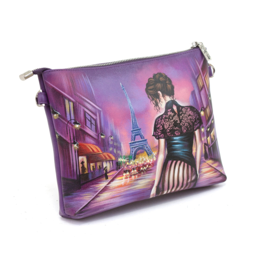 Женская кожаная сумка через плечо с рисунком ручной работы "Прогулка по Парижу" — кросс боди с принтом на заказ фото 3