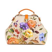 Саквояж из натуральной кожи "Разноцветные лепестки" ручной работы с рисунком и вышивкой на заказ
