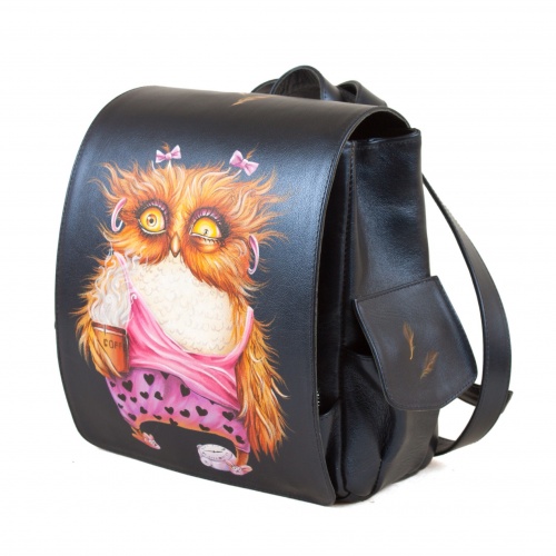 Женский городской рюкзак с карманами и росписью "Сова с кофе" - кожаный рюкзак ручной работы с оригинальным рисунком на заказ |  Sumnizza фото 3