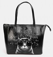 Черная кожаная сумка шоппер с рисунком «Кот в очках» - ручной работы на заказ