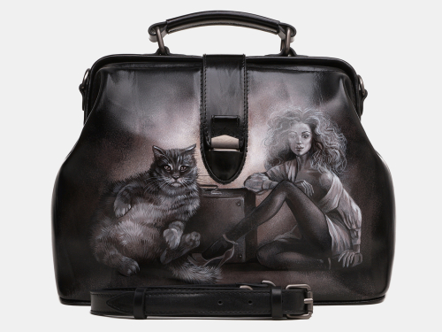 Женский кожаный саквояж "Маргарита и Кот Бегемот" — женская кожаная сумка саквояж ручной работы с рисунком и вышивкой на заказ фото 5