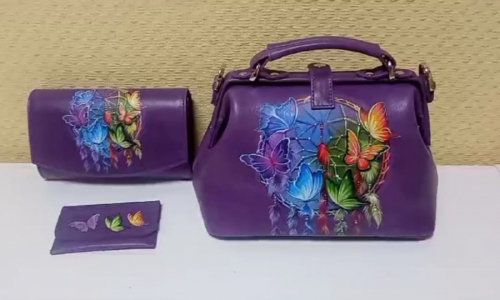 Комплект с росписью ручной работы "Ловец снов" - саквояж, кошелек и холдер для карт - изготовление кожаной женской сумки ручной работы с рисунком | Сумки с принтом на заказ - Sumnizza