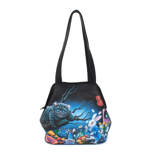 Женская сумка мешок из натуральной кожи с рисунком ручной работы «Чешир и кролик» - кожаная женская сумка хобо, сумка мешок ручной работы с рисунком на заказ |  Sumnizza фото 5