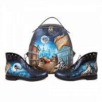 Комплект рюкзак и ботинки "Мастер и Маргарита" — женский кожаный набор туфли и сумка ручной работы с рисунком