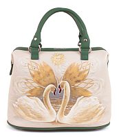 сумка саквояж лебеди, саквояж из кожи с росписью лебеди, сумка кожаная с рисунком лебеди, сумочка дамская ручной работы лебеди