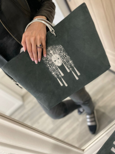 Сумка-шоппер из замши с вышивкой "Серебряная маска" - кожаная и замшевая женская сумка шоппер ручной работы с рисунком и вышивкой на заказ