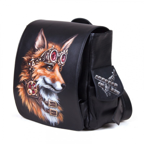 Кожаная сумка рюкзак с росписью "Лиса пилот" ручной работы с рисунком и вышивкой на заказ
 фото 6