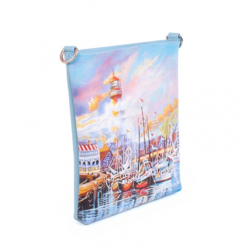 Женская кожаная сумка через плечо с рисунком ручной работы "Морской городок" — кросс боди с принтом на заказ фото 2