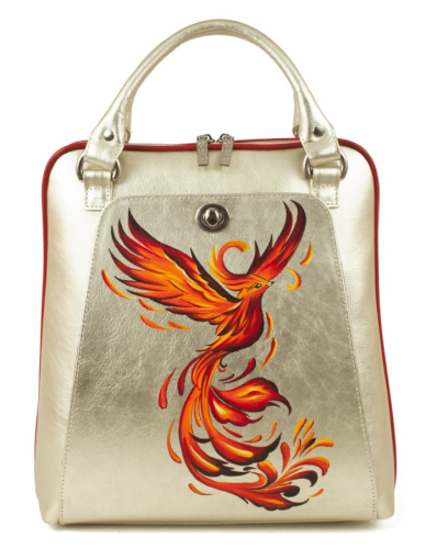 Кожаная сумка рюкзак с росписью "Птица Феникс" ручной работы с рисунком и вышивкой на заказ
