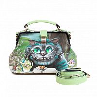 Кожаная сумка саквояж с рисунком Чешира "Чаепитие" ручной работы с рисунком и вышивкой на заказ
