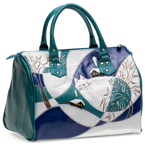 Большая женская сумка с аппликацией "Кот в сугробе" - кожаный дорожный саквояж ручной работы с рисунком на заказ |  Sumnizza