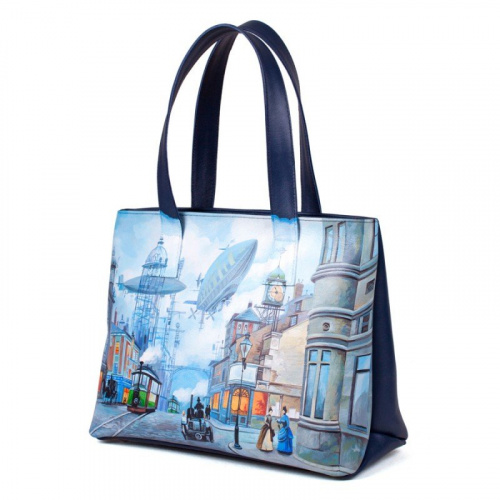 Женский кожаный шоппер с росписью "Машина времени" - кожаная и замшевая женская сумка шоппер ручной работы с рисунком и вышивкой на заказ фото 2