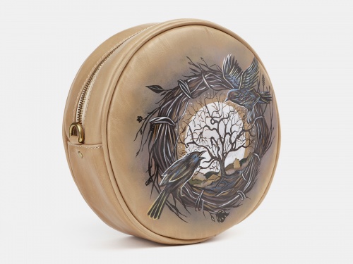 Круглая сумка из кожи "Вороны" - круглая кожаная женская сумка ручной работы с рисунком |  Sumnizza фото 2