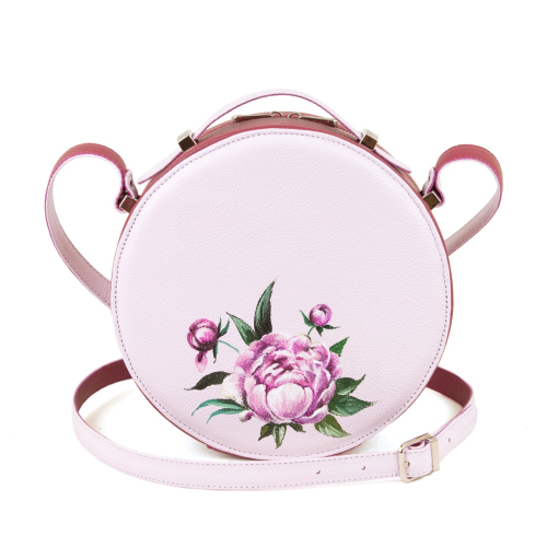 Круглая сумка из кожи с рисунком "Пионы" - круглая кожаная женская сумка ручной работы с рисунком |  Sumnizza фото 2