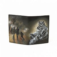 Кожаная обложка на паспорт с принтом "Кот Бегемот" — женский кожаный кошелек-портмоне ручной работы с рисунком на заказ