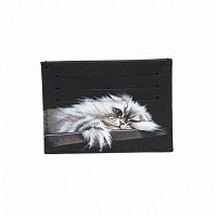 Холдер для карт с ручной росписью "Котик" — кожаный женский конверт для карт, холдер ручной работы с рисунком и фото-принтом