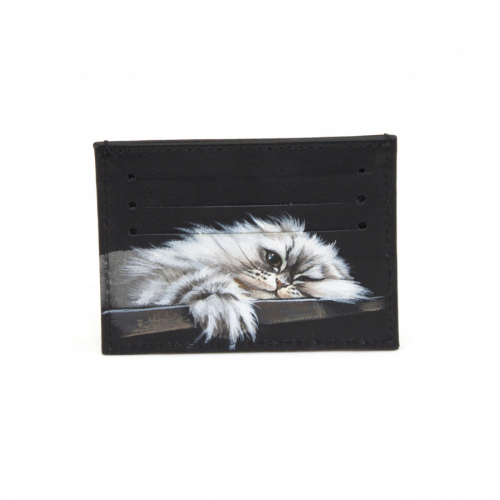 Холдер для карт с ручной росписью "Котик" - кожаный женский конверт для карт, холдер ручной работы с рисунком |  Sumnizza