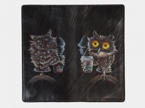 Черный кошелек портмоне с росписью "Утренняя сова" - кожаный женский кошелек-портмоне ручной работы с рисунком на заказ |  Sumnizza фото 2