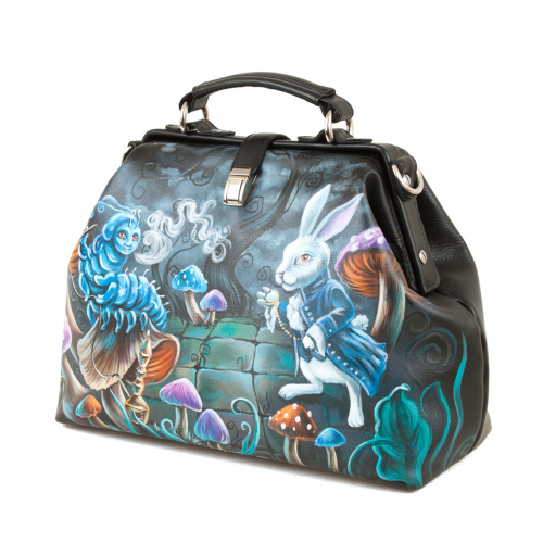 Сумочка саквояж с рисунком ручной работы "Кролик и гусеница" — женская кожаная сумка саквояж ручной работы с рисунком и вышивкой на заказ фото 4