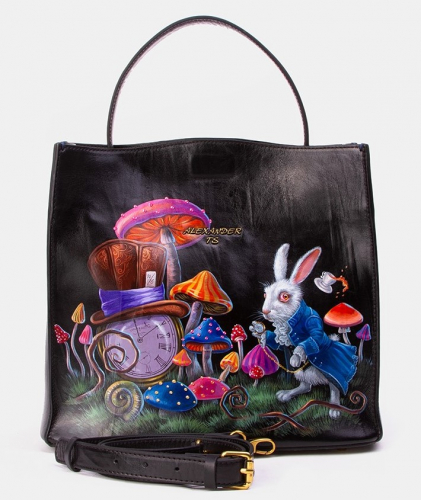 Чёрный кожаный шоппер с росписью "Алиса" - кожаная и замшевая женская сумка шоппер ручной работы с рисунком и вышивкой на заказ