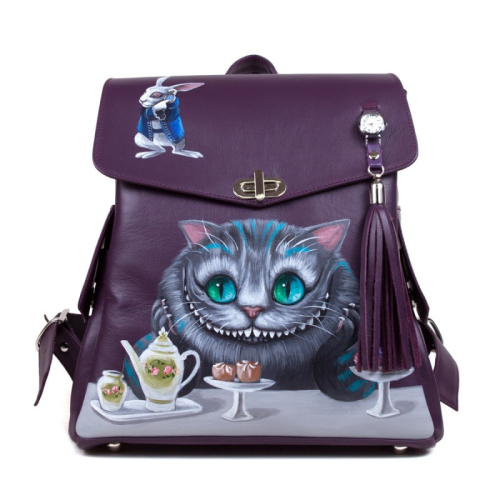 Женский рюкзак с карманами и рисунком Чешира "Чешир на чае" - кожаный рюкзак ручной работы с оригинальным рисунком на заказ |  Sumnizza фото 14