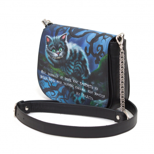 Женская кожаная сумка через плечо с рисунком ручной работы "Чешир" с росписью, принтом - фото фото 3