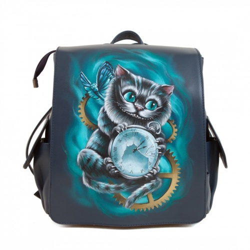 Женский кожаный рюкзак с росписью "Чешир с часами" - кожаный рюкзак ручной работы с оригинальным рисунком на заказ |  Sumnizza