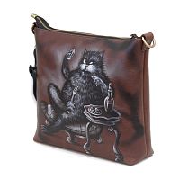 Женская кожаная сумка через плечо с рисунком ручной работы "Кот Бегемот" — кросс боди с росписью и вышивкой на заказ